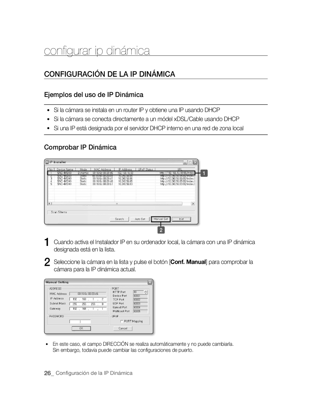 Samsung SNC-M300P manual Configurar ip dinámica, Configuración DE LA IP Dinámica, Ejemplos del uso de IP Dinámica 