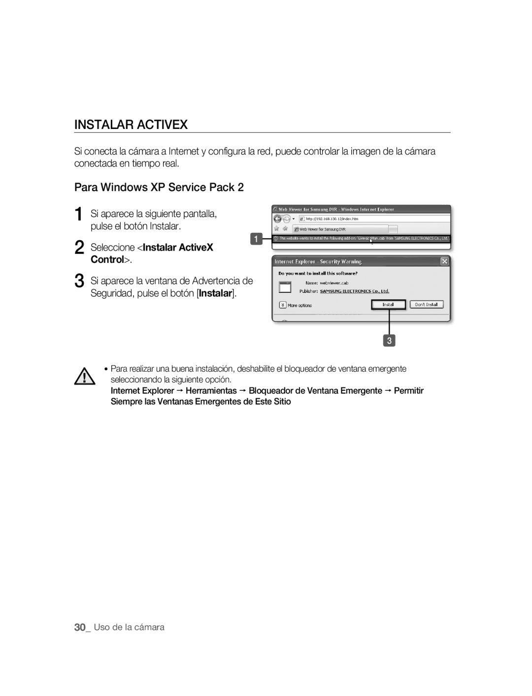 Samsung SNC-M300P manual Instalar Activex, Para Windows XP Service Pack 