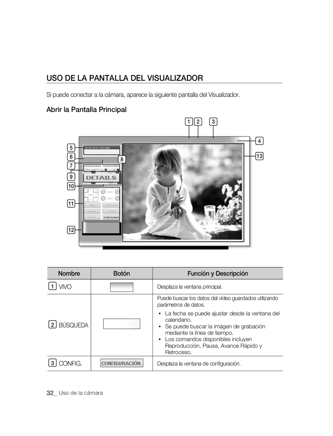 Samsung SNC-M300P USO DE LA Pantalla DEL Visualizador, Abrir la Pantalla Principal, Nombre Botón Función y Descripción 