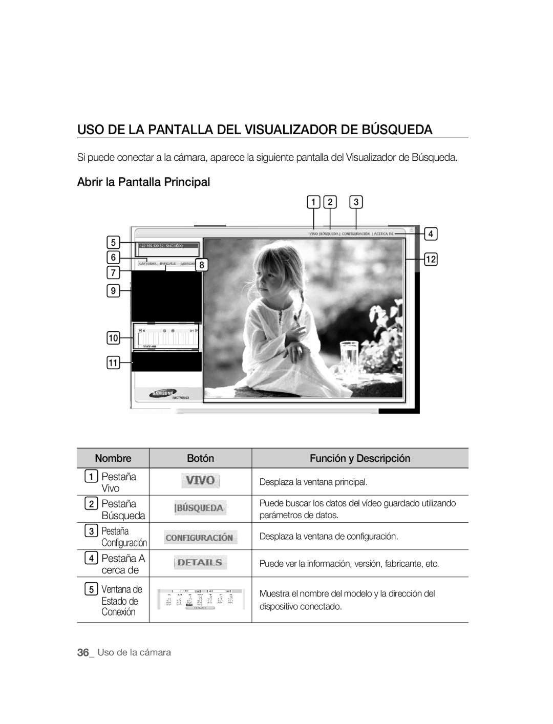 Samsung SNC-M300P manual USO DE LA Pantalla DEL Visualizador DE Búsqueda 