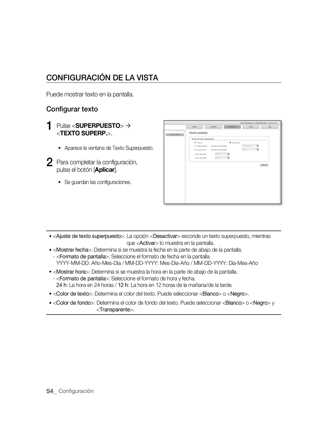 Samsung SNC-M300P manual Configuración DE LA Vista, Configurar texto, Puede mostrar texto en la pantalla 