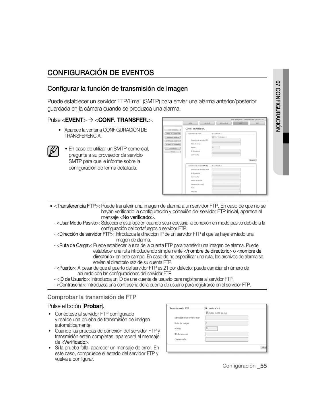 Samsung SNC-M300P Configuración DE Eventos, Configurar la función de transmisión de imagen, Pulse Event ´ CONF. Transfer 