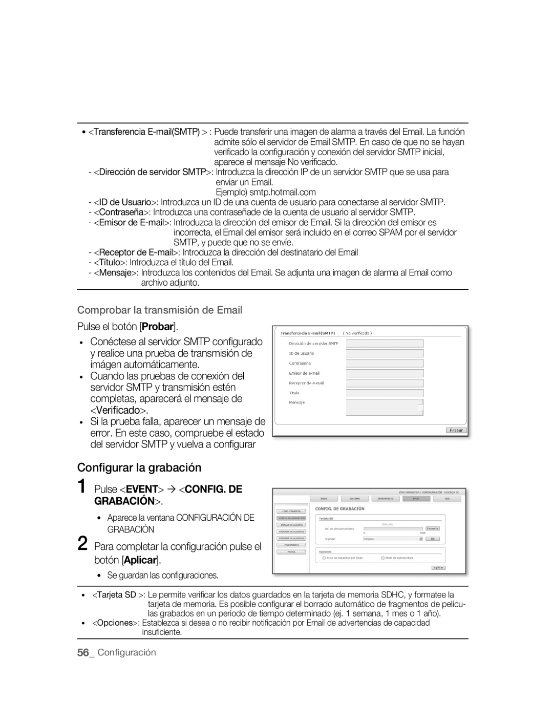 Samsung SNC-M300P manual Conﬁgurar la grabación, Pulse Event ´ CONFIG. DE Grabación, Se guardan las conﬁ guraciones 