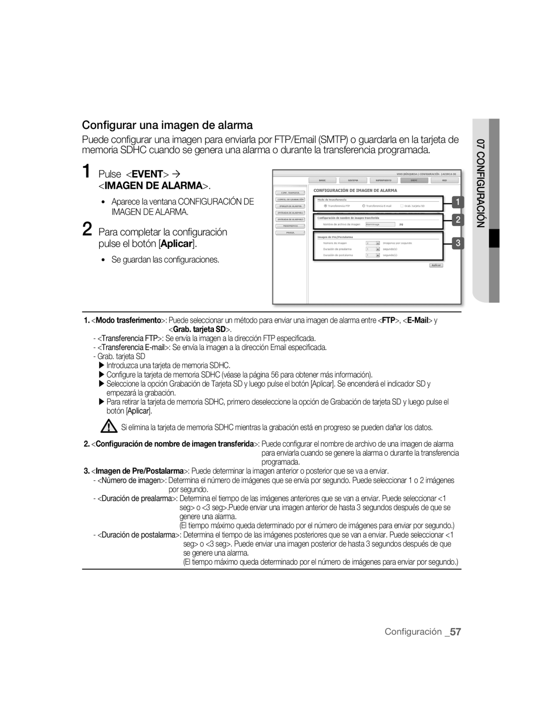 Samsung SNC-M300P manual Conﬁgurar una imagen de alarma, Pulse Event ´ 