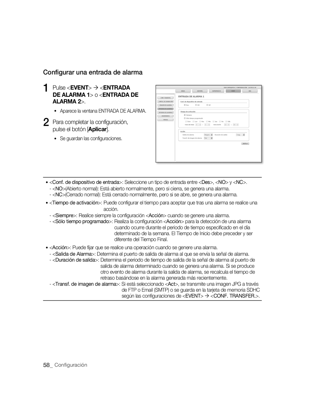 Samsung SNC-M300P manual Configurar una entrada de alarma, Pulse Event ´ Entrada DE Alarma 1 o Entrada DE Alarma 