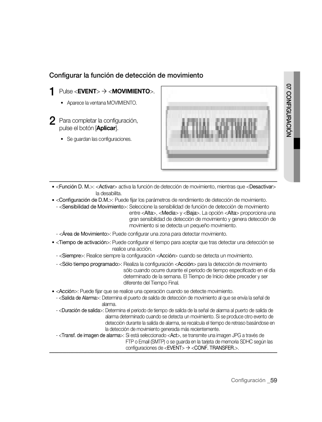 Samsung SNC-M300P manual Configurar la función de detección de movimiento, Pulse Event ´ Movimiento 