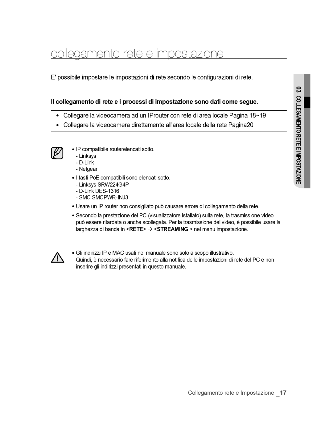 Samsung SNC-M300P manual Collegamento rete e impostazione 