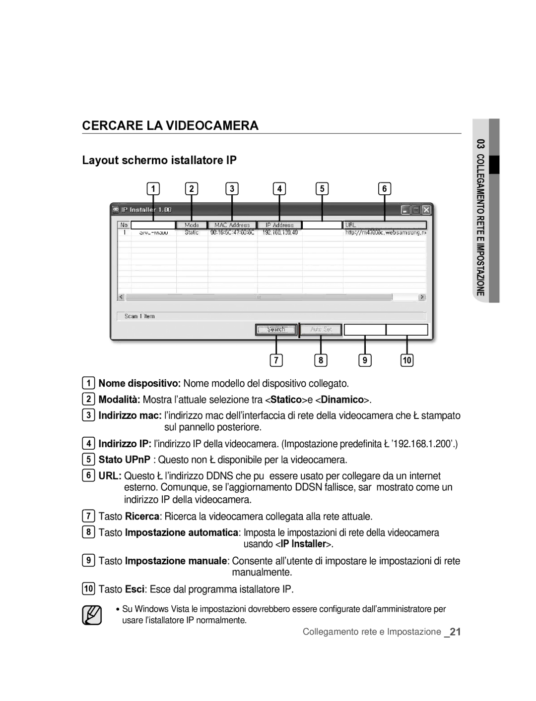 Samsung SNC-M300P manual Cercare lA Videocamera, Layout schermo istallatore IP 