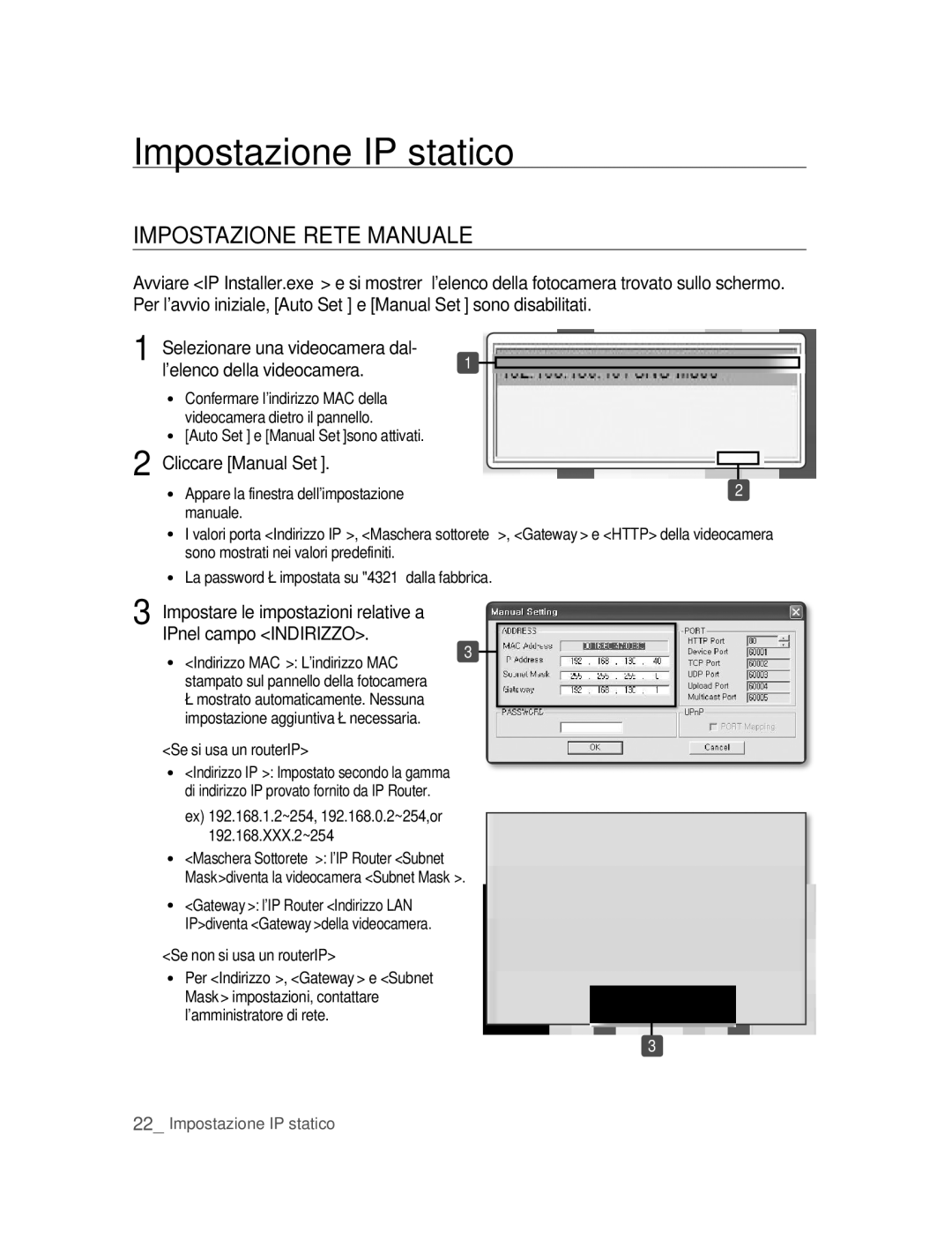 Samsung SNC-M300P manual Impostazione IP statico, IMPOsTAZIONE Rete MANuAlE, Lelenco della videocamera, Cliccare Manual set 