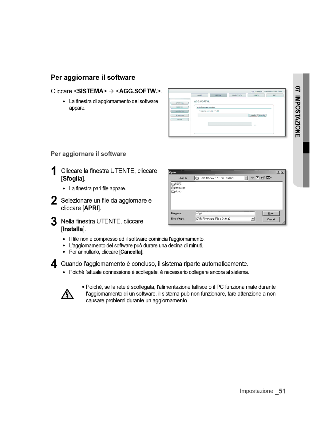 Samsung SNC-M300P Per aggiornare il software, Cliccare sIsTEMA  Agg.sOFTW, Cliccare la finestra UTENTE, cliccare sfoglia 