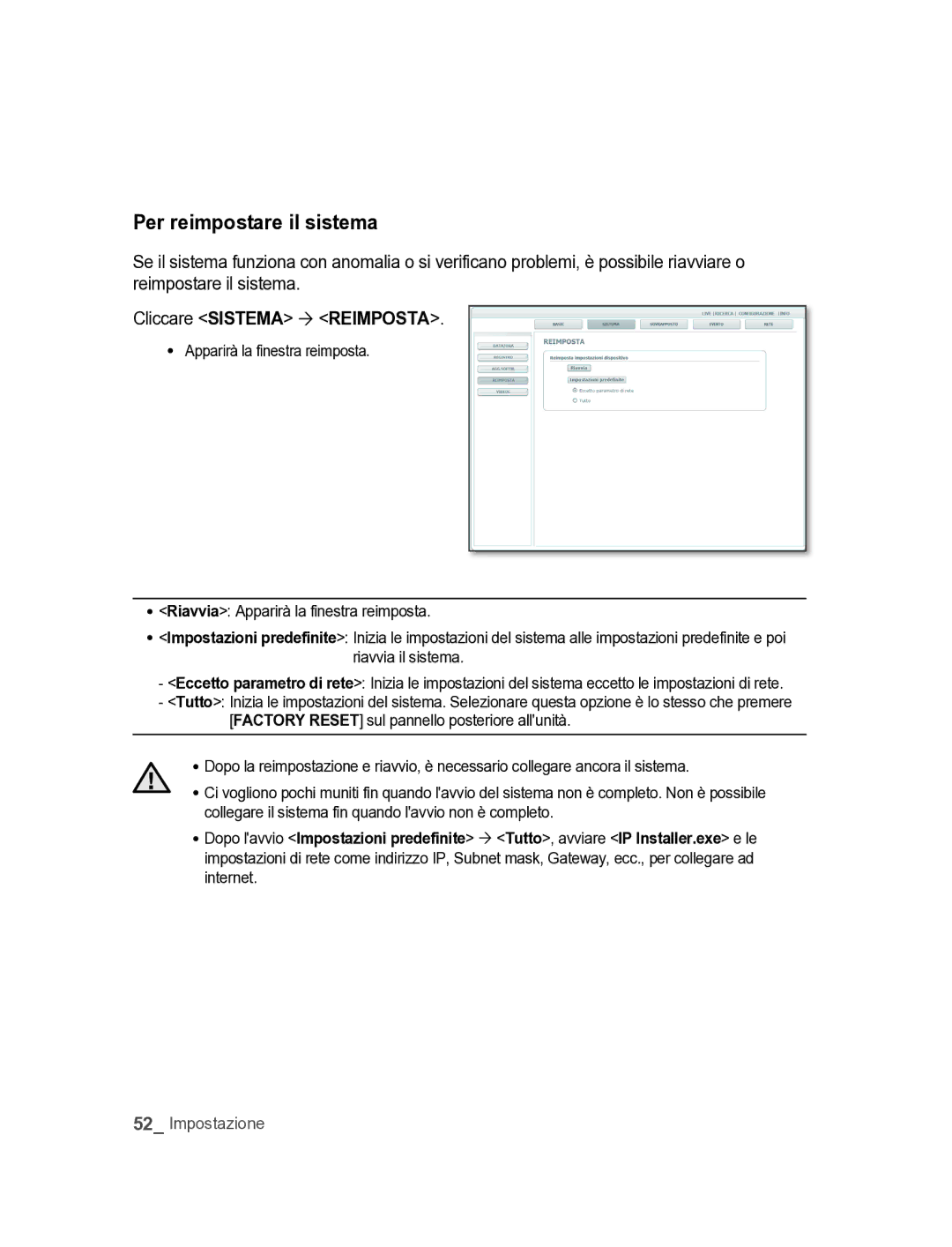 Samsung SNC-M300P manual Per reimpostare il sistema, Cliccare sIsTEMA  REIMPOsTA 