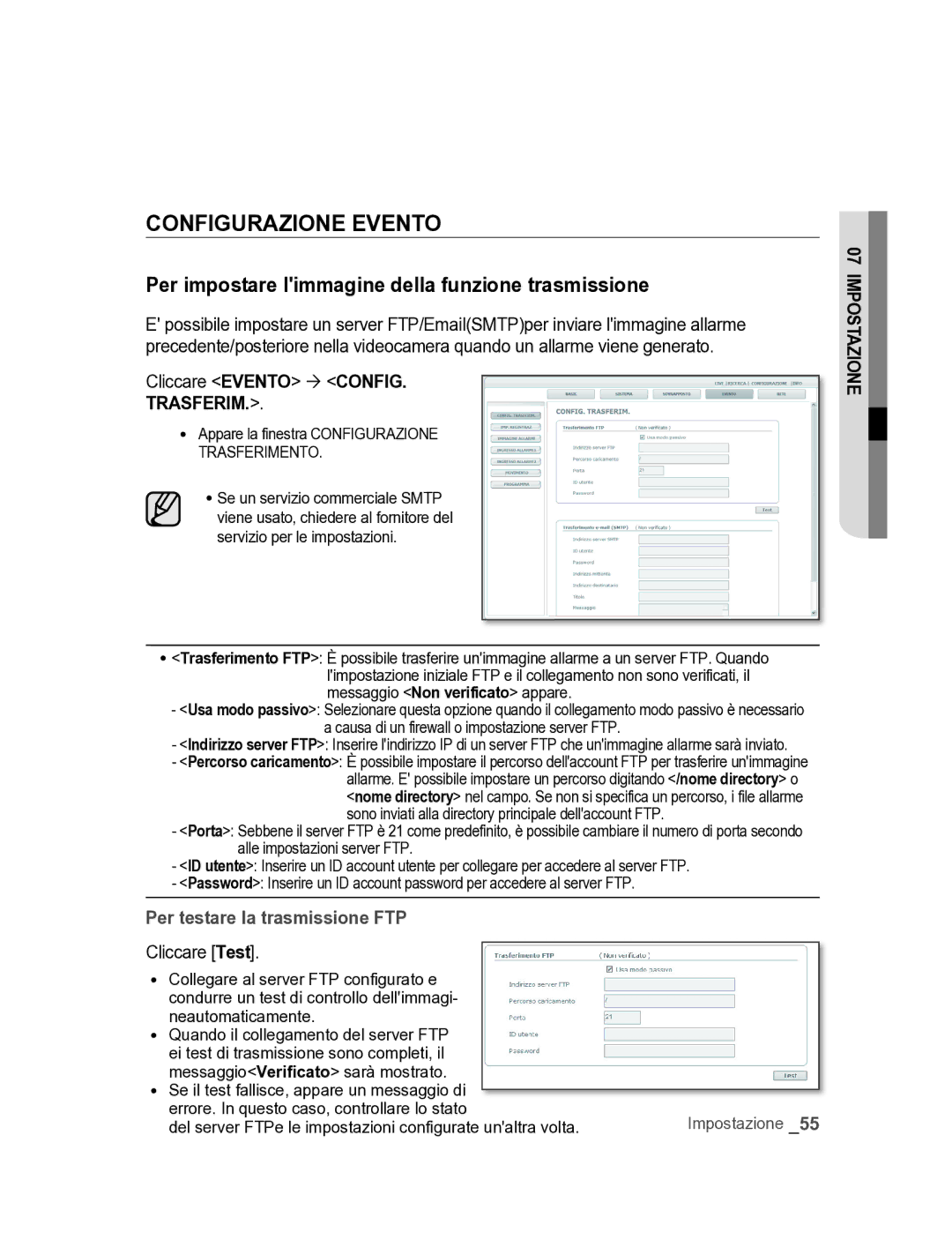 Samsung SNC-M300P CONFIguRAZIONE Evento, Per impostare limmagine della funzione trasmissione, Cliccare Evento  CONFIg 