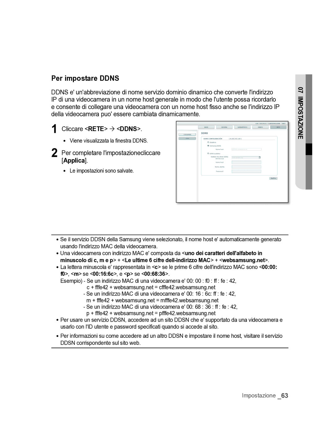 Samsung SNC-M300P Per impostare DDNs, Cliccare Rete  DDNs, Viene visualizzata la finestra Ddns, F0, m se 00166c, e p se 