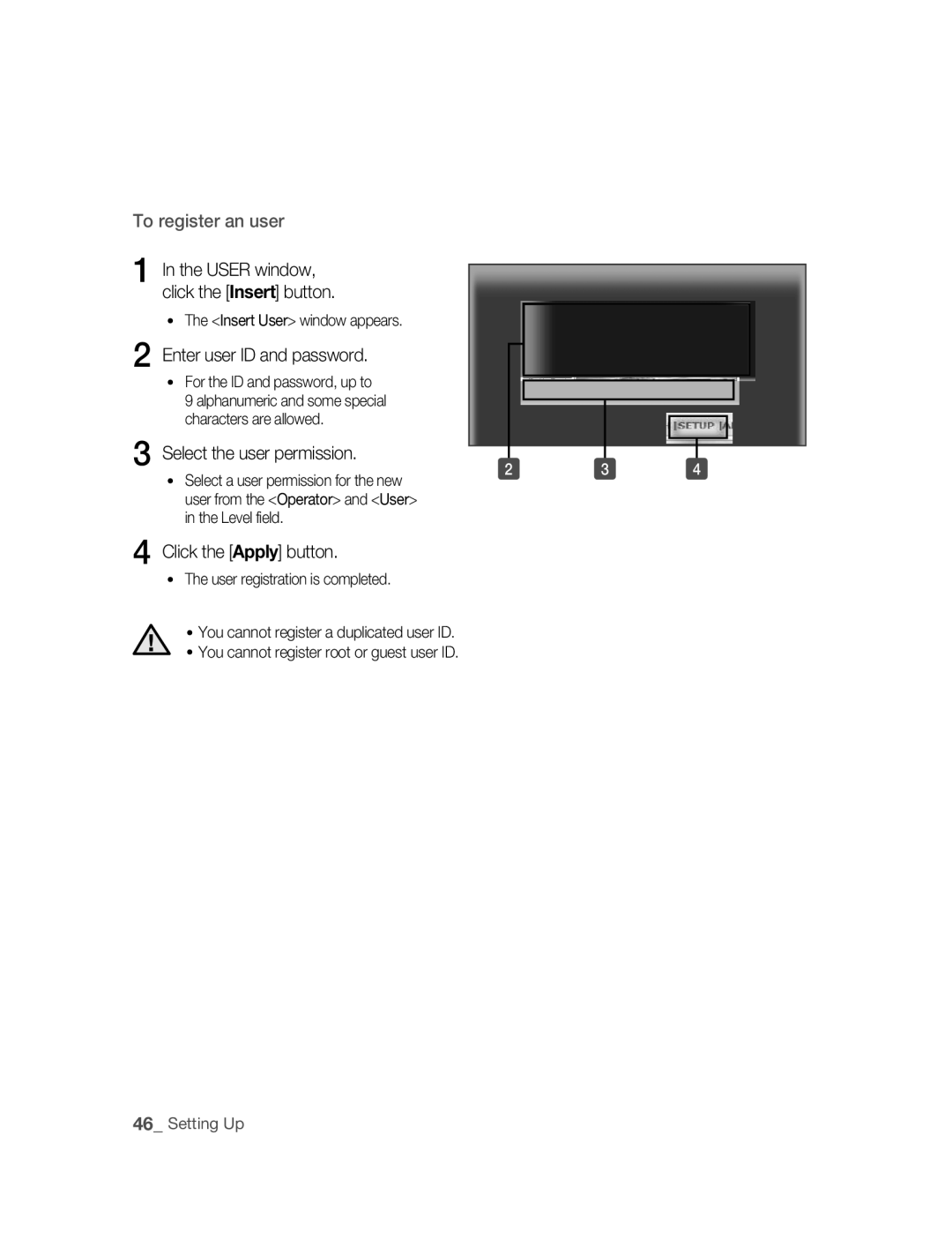 Samsung SNC-M300P manual Enter user ID and password, Click the Apply button, For the ID and password, up to 