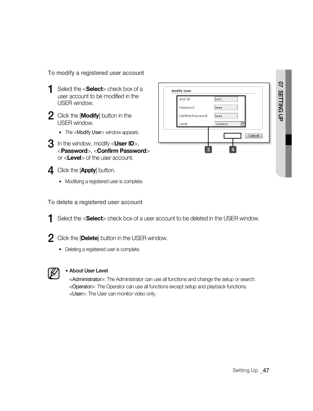 Samsung SNC-M300P Window, modify User ID, Password, Confirm Password, Or Level of the user account Click the Apply button 