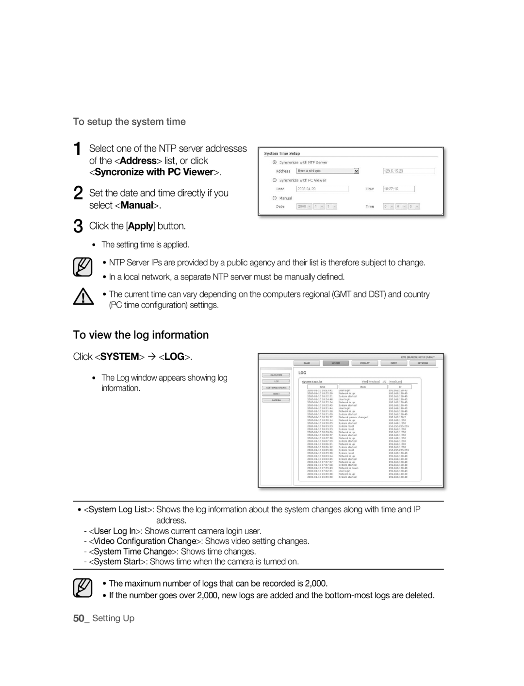 Samsung SNC-M300P manual To view the log information, Click System  LOG, Setting time is applied 