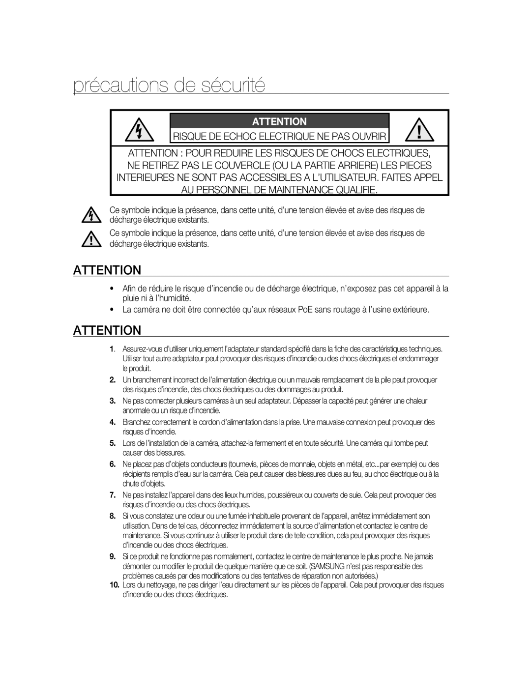 Samsung SNC-M300P manual Précautions de sécurité 