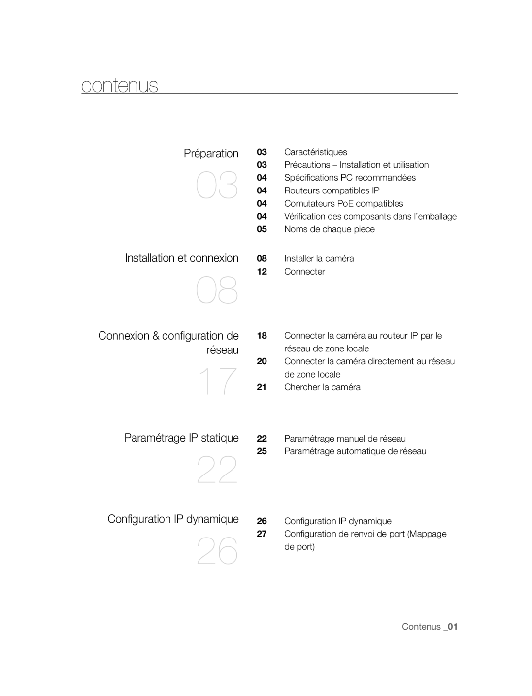 Samsung SNC-M300P manual Contenus, Installation et connexion, Réseau, Paramétrage IP statique Configuration IP dynamique 