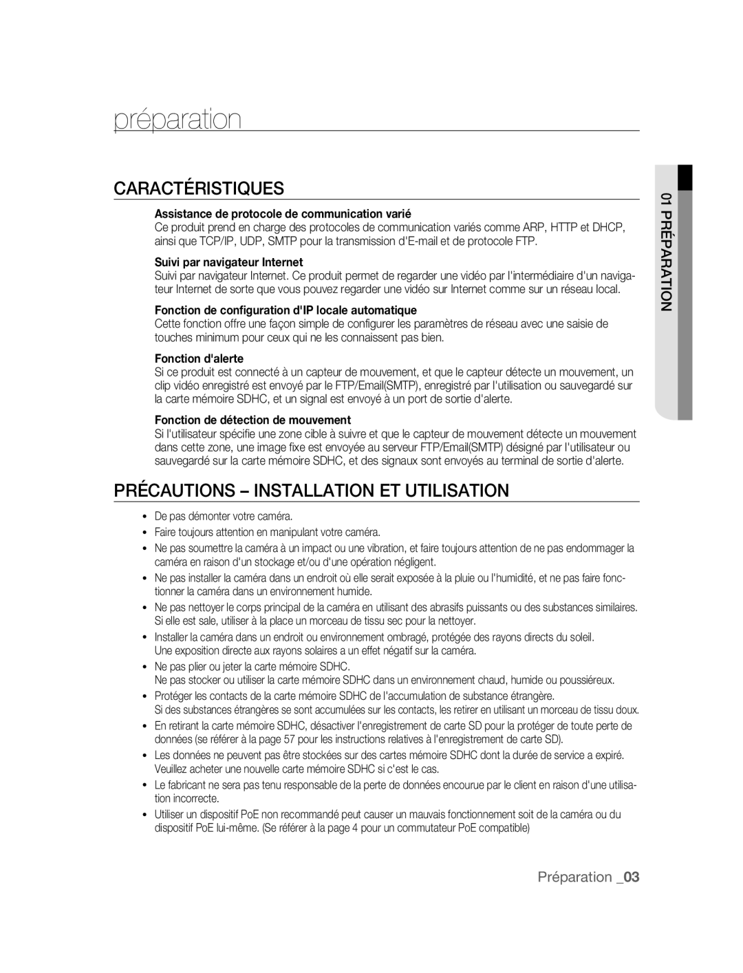 Samsung SNC-M300P manual Caractéristiques, Précautions Installation ET Utilisation, 01 Préparation 