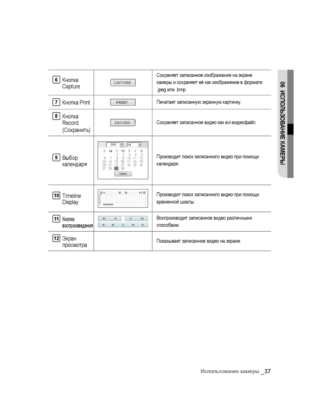 Samsung SNC-M300P manual Кнопка, Capture, Календаря, Timeline, Display, Кнопки, Экран 