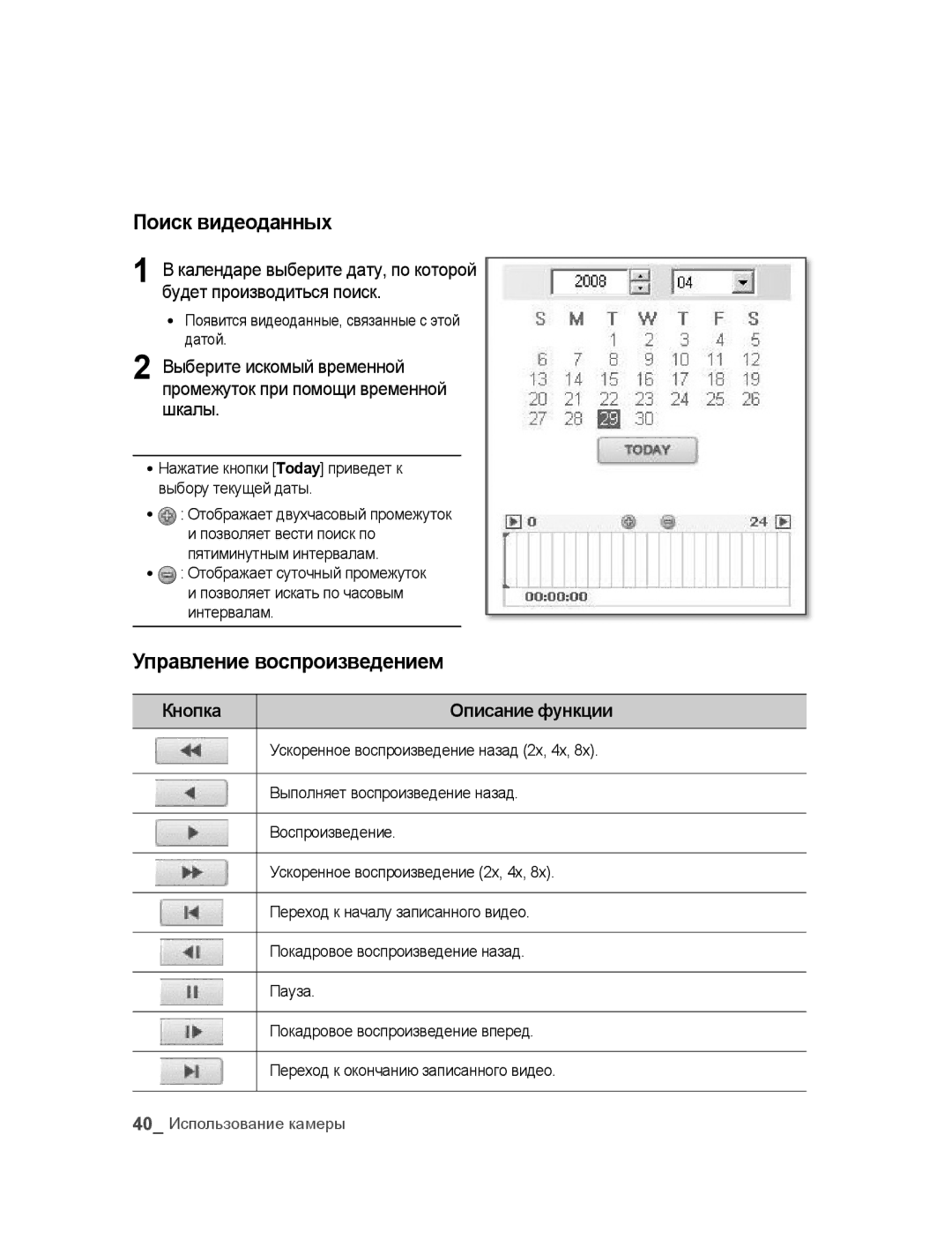 Samsung SNC-M300P manual Поиск видеоданных, Управление воспроизведением, Появится видеоданные, связанные с этой датой 