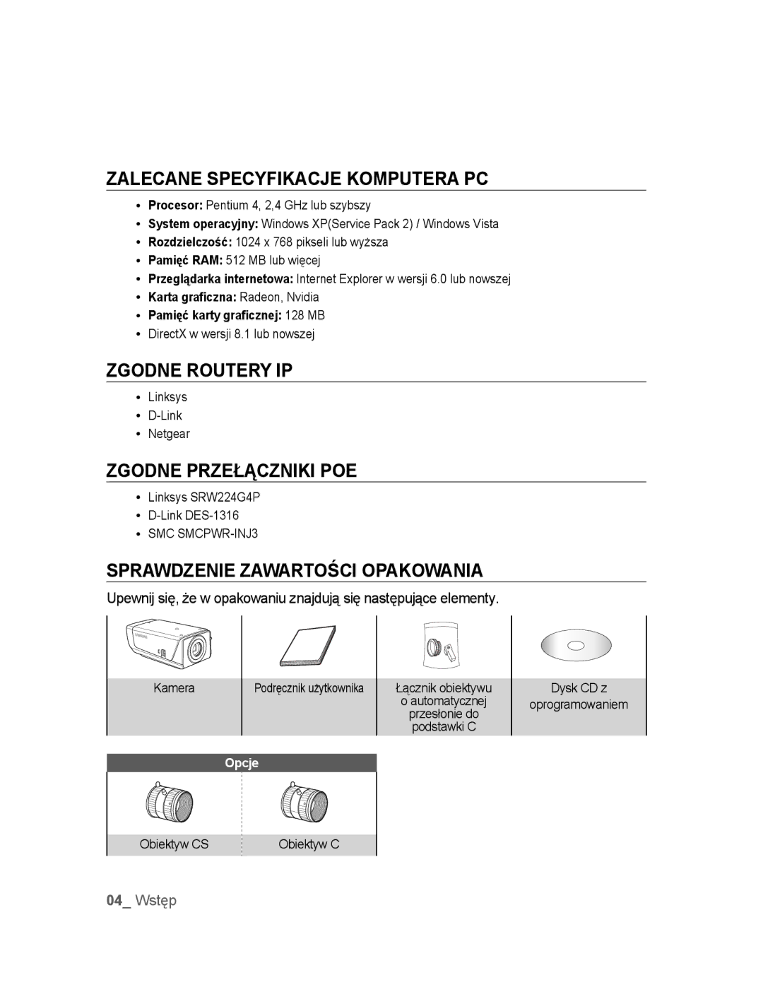 Samsung SNC-M300P manual Zalecane Specyfikacje Komputera PC, Zgodne Routery IP, Zgodne Przełączniki POE 