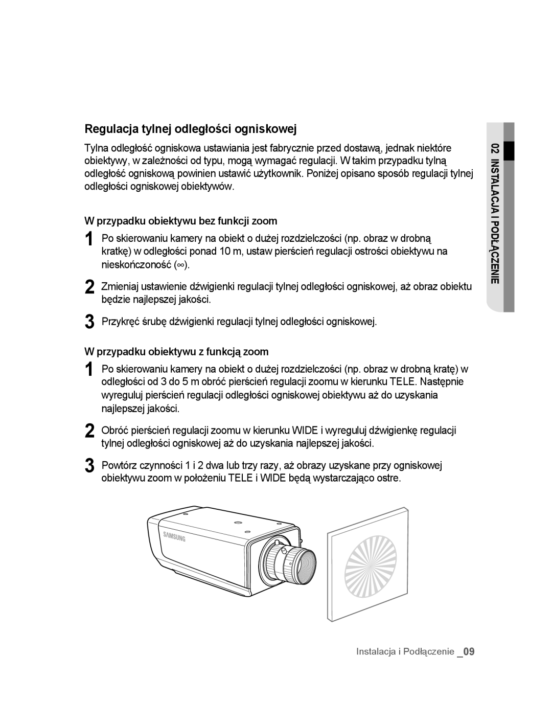 Samsung SNC-M300P manual Regulacja tylnej odległości ogniskowej, Przypadku obiektywu bez funkcji zoom 