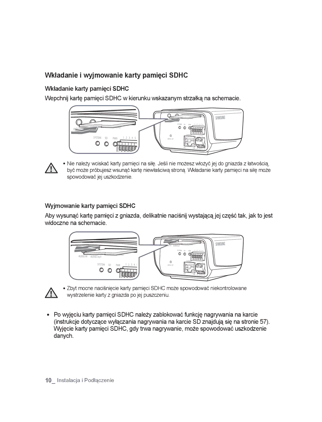 Samsung SNC-M300P Wkładanie i wyjmowanie karty pamięci Sdhc, Wkładanie karty pamięci Sdhc, Wyjmowanie karty pamięci Sdhc 