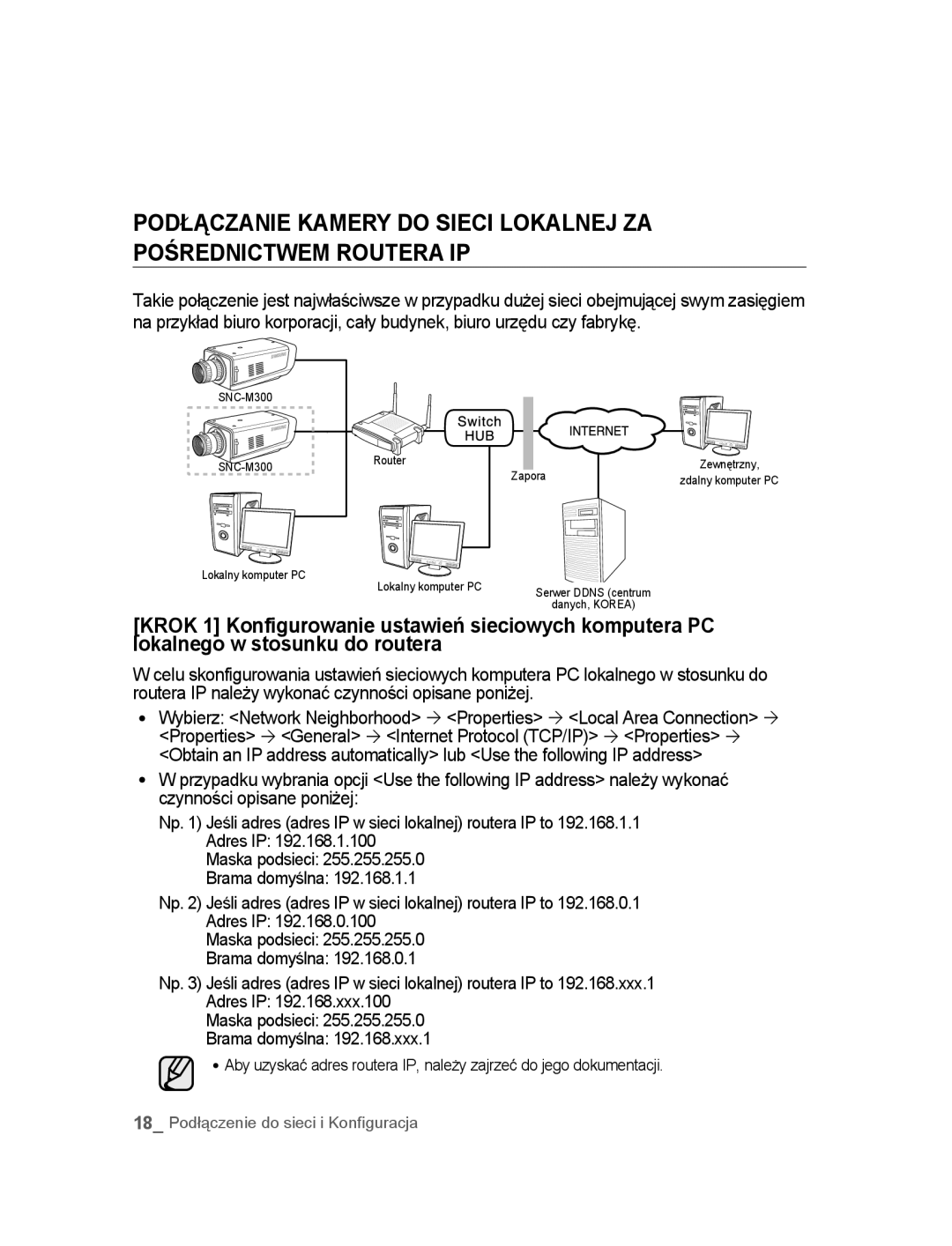 Samsung SNC-M300P manual 18 Podłączenie do sieci i Konfiguracja 