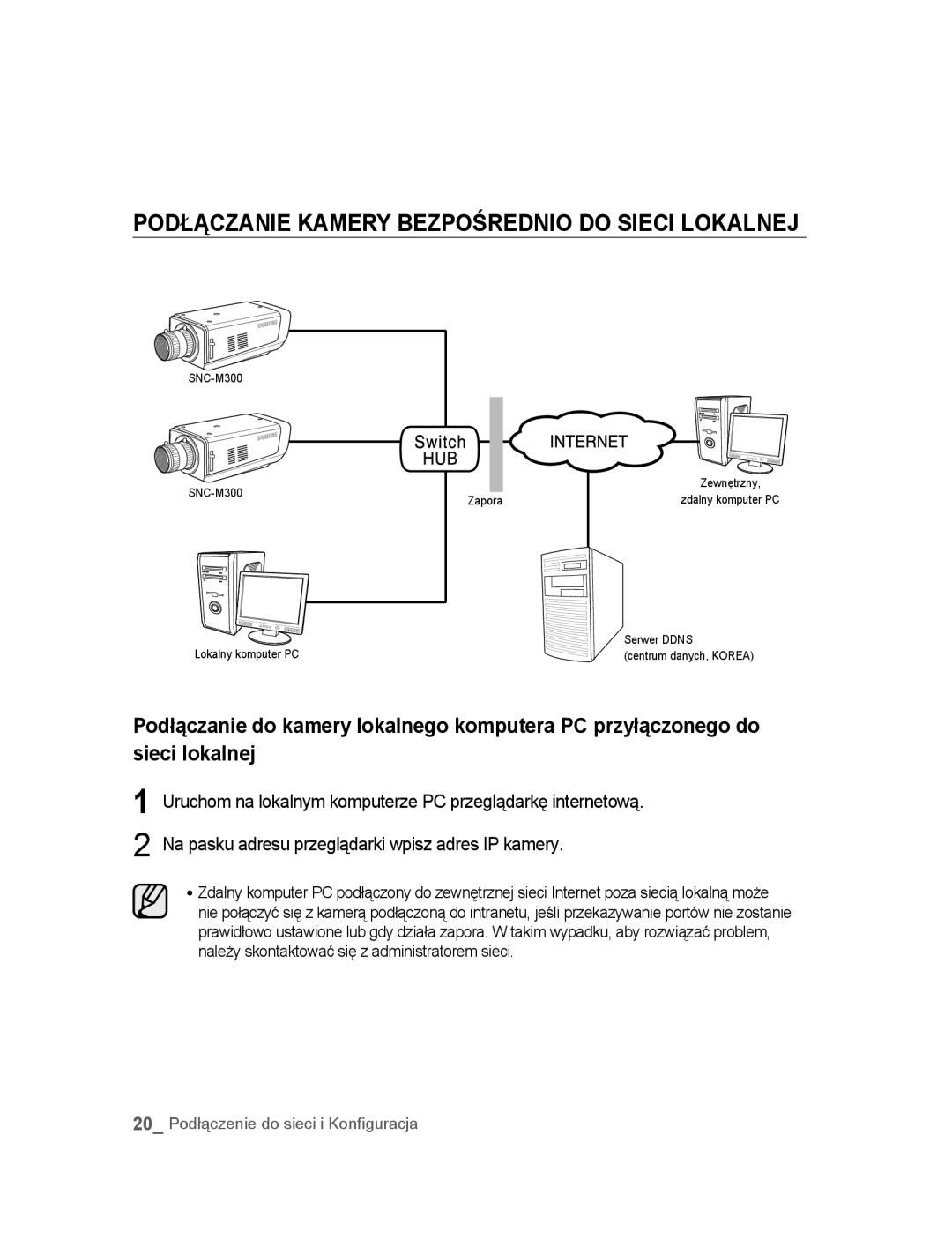 Samsung SNC-M300P manual Podłączanie Kamery Bezpośrednio do Sieci Lokalnej 