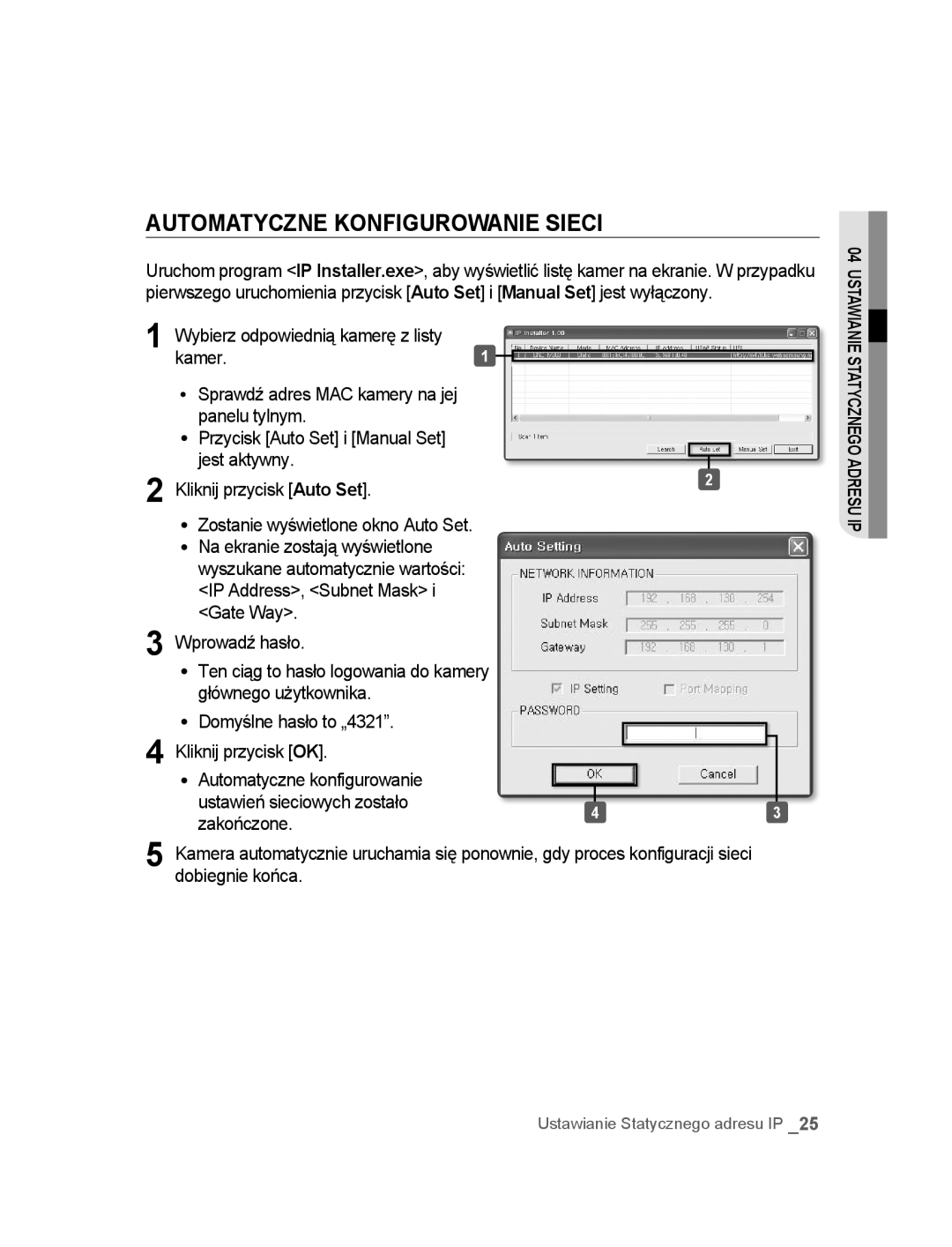 Samsung SNC-M300P manual Automatyczne Konfigurowanie Sieci, Kamer, Panelu tylnym, Jest aktywny Kliknij przycisk Auto Set 