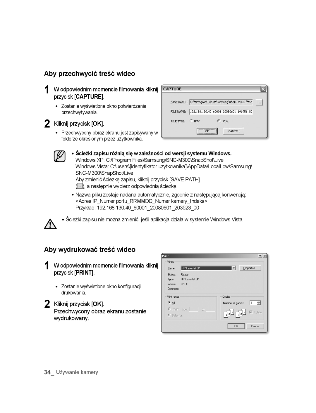 Samsung SNC-M300P manual Aby przechwycić treść wideo, Aby wydrukować treść wideo 