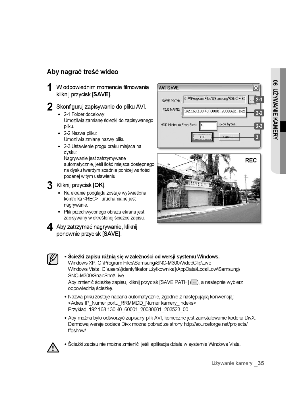 Samsung SNC-M300P manual Aby nagrać treść wideo, Kliknij przycisk Save 