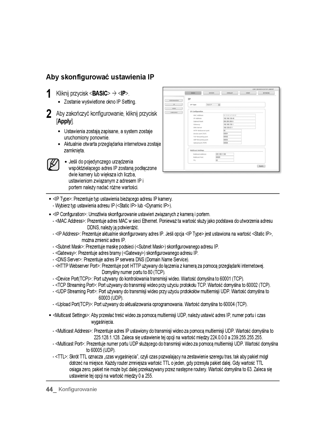 Samsung SNC-M300P manual Aby skonfigurować ustawienia IP, Kliknij przycisk Basic ´ IP, Apply 