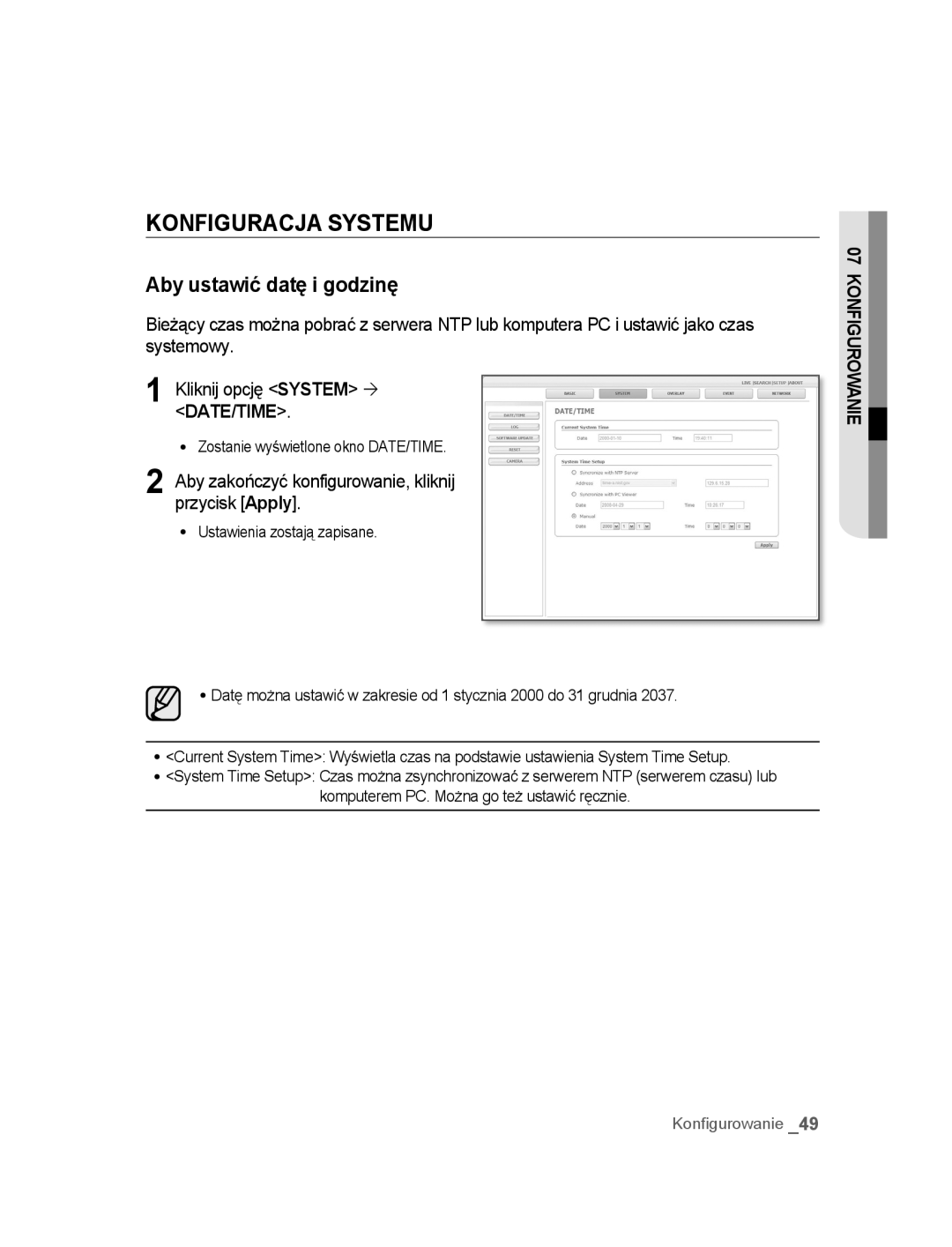 Samsung SNC-M300P manual Konfiguracja Systemu, Aby ustawić datę i godzinę, Zostanie wyświetlone okno DATE/TIME 