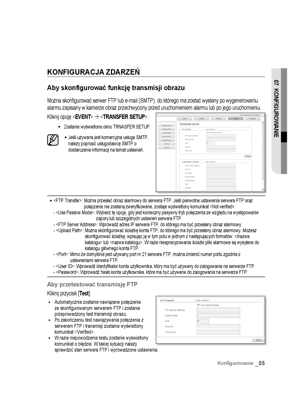 Samsung SNC-M300P Konfiguracja Zdarzeń, Aby skonfigurować funkcję transmisji obrazu, Kliknij opcję Event ´ Transfer Setup 