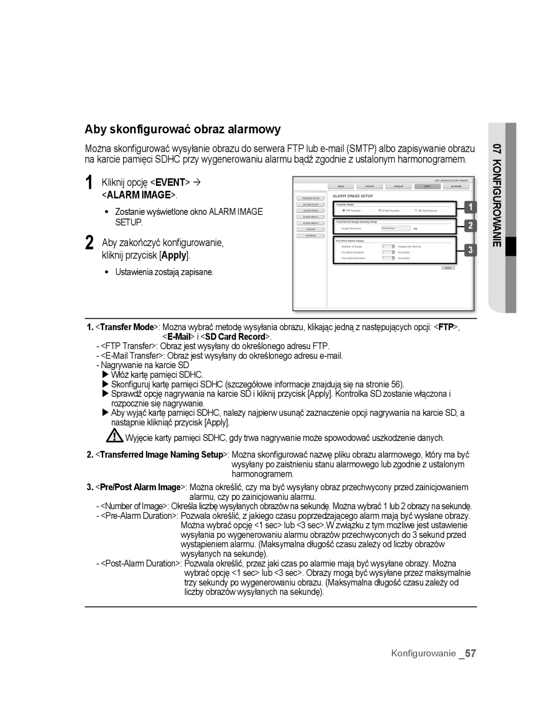 Samsung SNC-M300P manual Aby skonfigurować obraz alarmowy, Kliknij opcję Event ´, Aby zakończyć konfigurowanie 