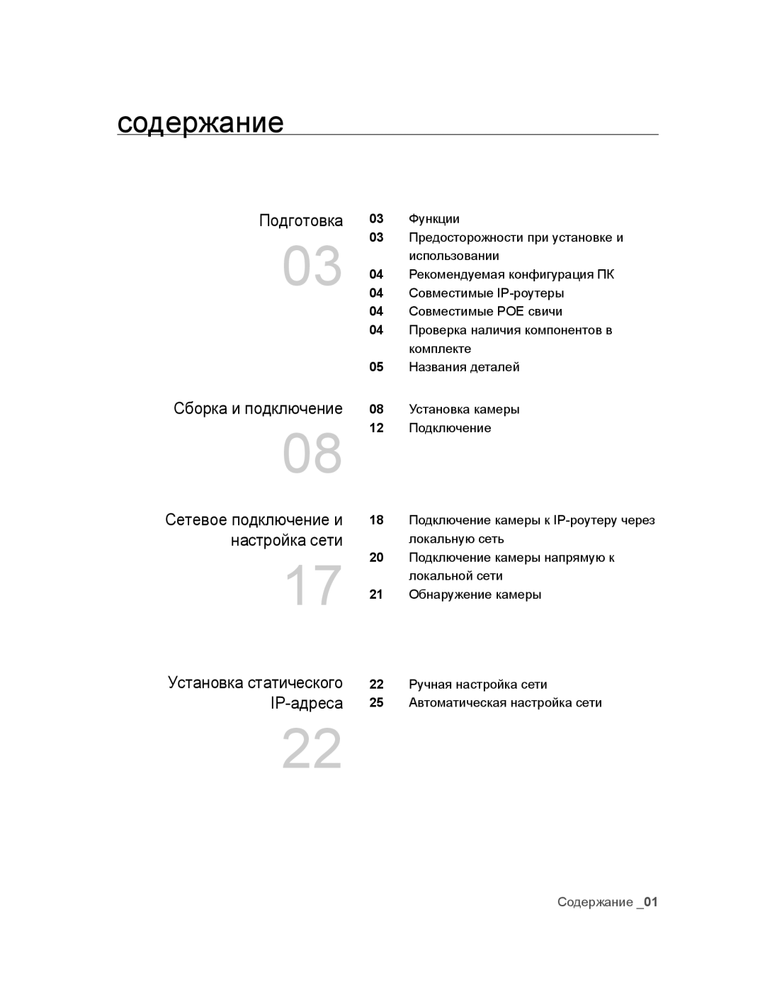 Samsung SNC-M300P manual Содержание, Подготовка 03 Функции, Сборка и подключение, Сетевое подключение и настройка сети 