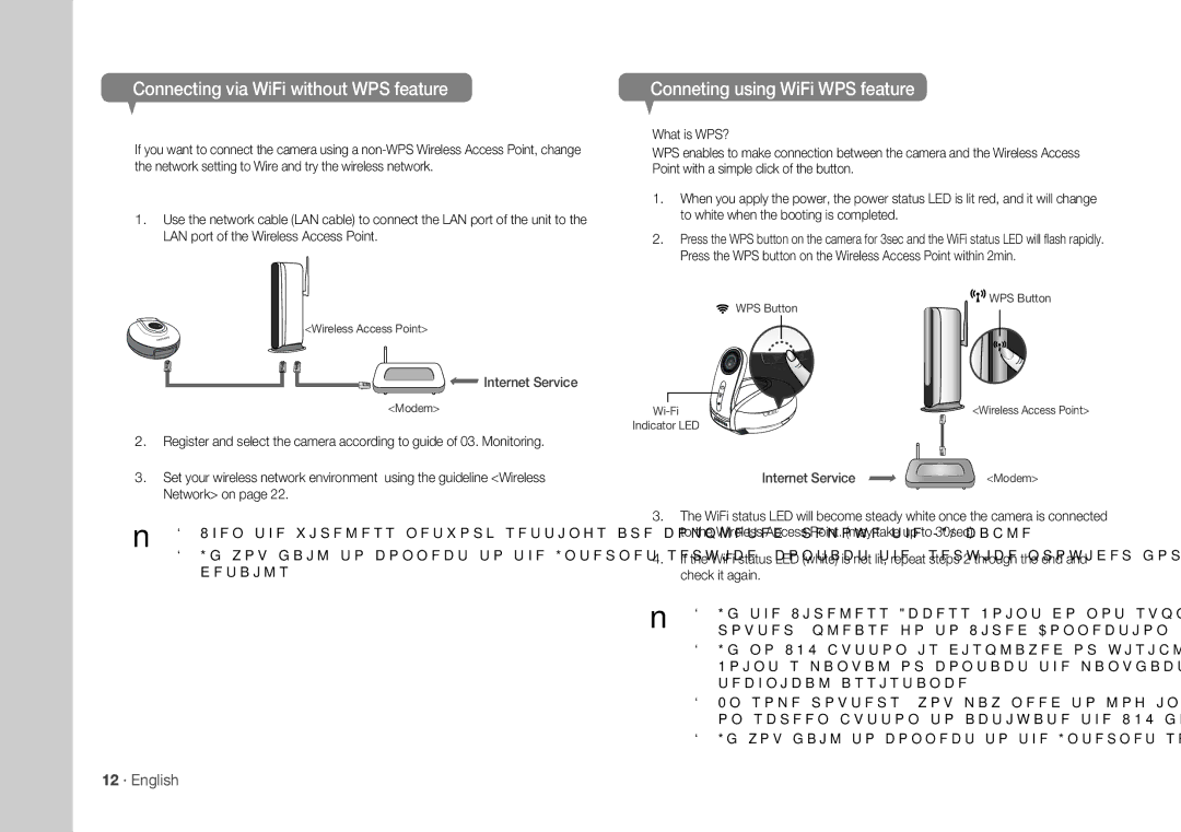 Samsung SNH-1010N user manual Connecting via WiFi without WPS feature, Conneting using WiFi WPS feature, 12 · English 