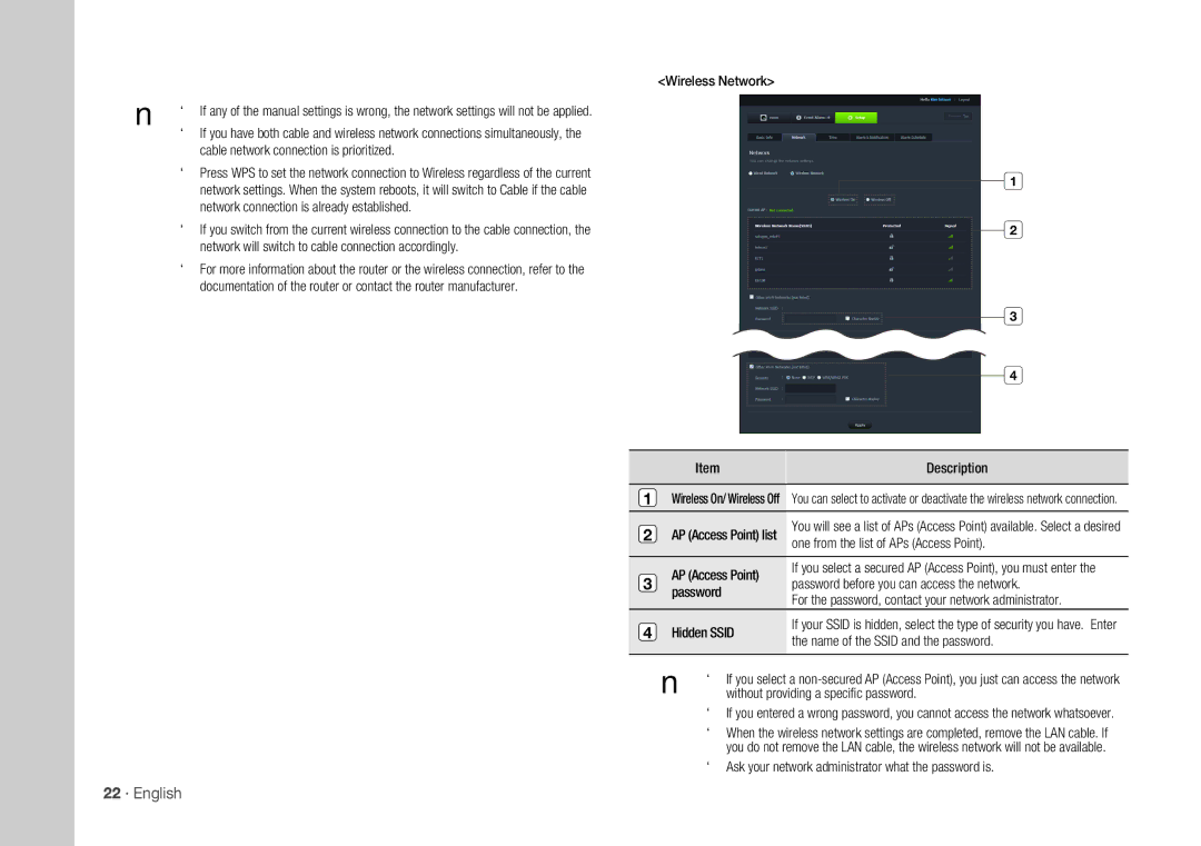 Samsung SNH-1010N user manual 22 · English, Wireless Network 