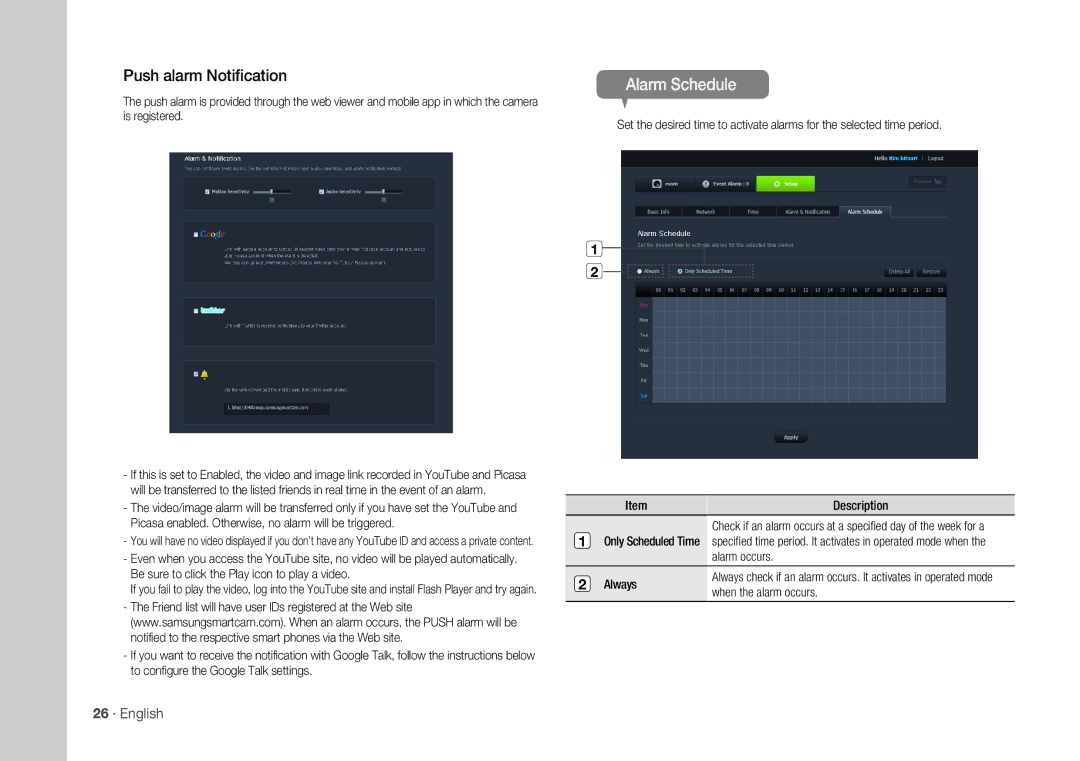 Samsung SNH-1010N user manual Alarm Schedule, 26 · English 