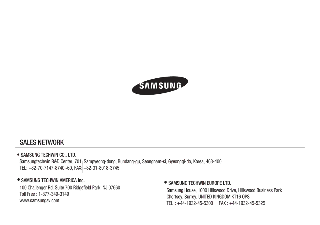 Samsung SNH-1010N user manual Sales Network 