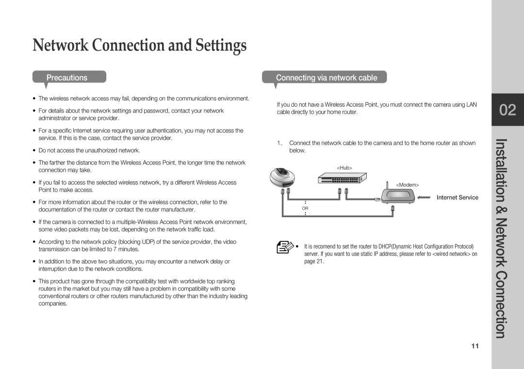 Samsung SNH-1010N Connecting via network cable, Network Connection and Settings, Installation & Network Connection 