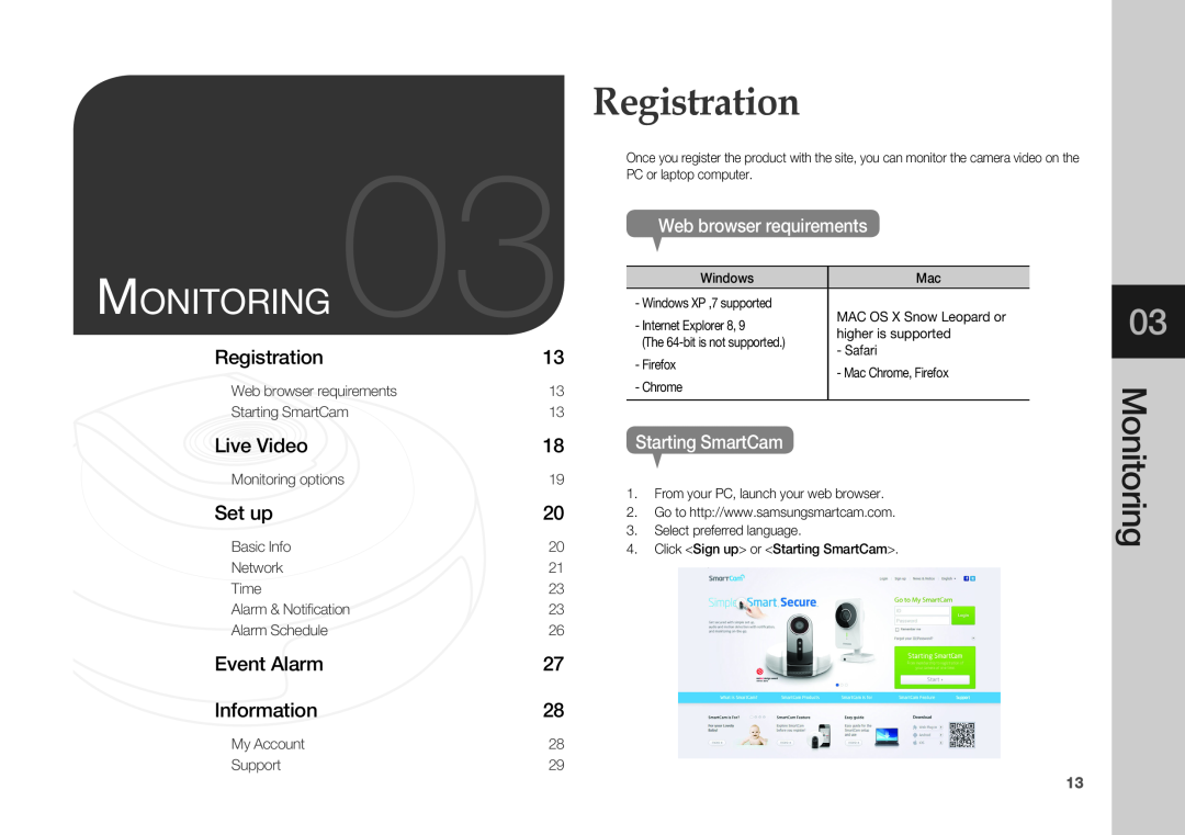 Samsung SNH-1010N Registration, Monitoring, Live Video, Set up, Event Alarm, Information, Web browser requirements 