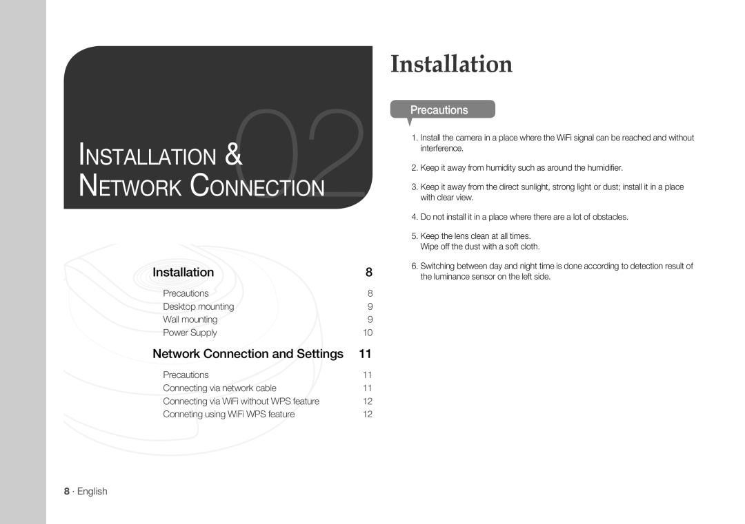 Samsung SNH-1010N Installation &02 Network Connection, Network Connection and Settings, Precautions,  · English 