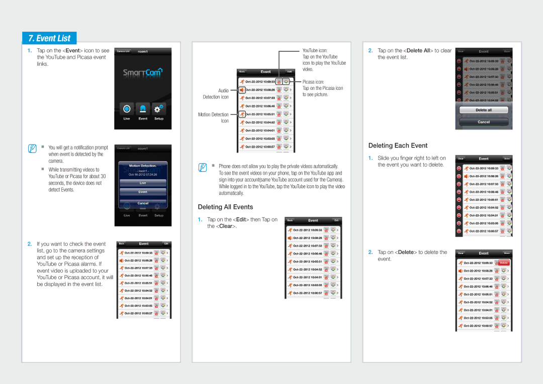 Samsung SNH-1011N, Samsung SmartCam user manual Event List, Deleting Each Event, Deleting All Events 