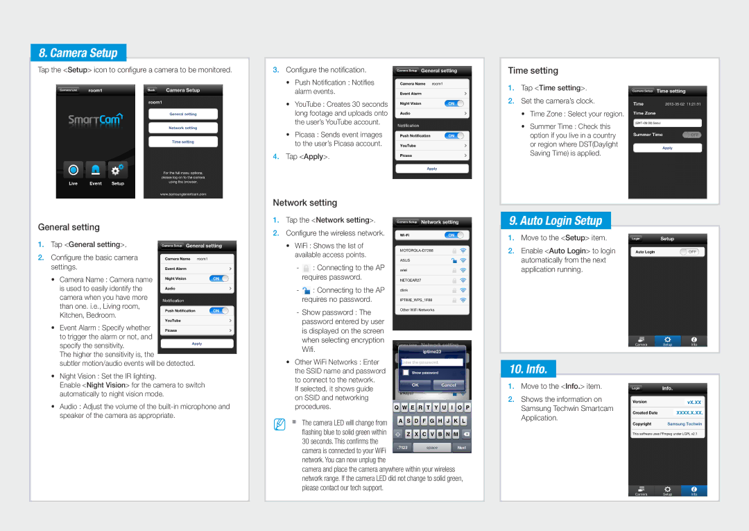 Samsung Samsung SmartCam, SNH-1011N user manual Camera Setup, Auto Login Setup, Info 
