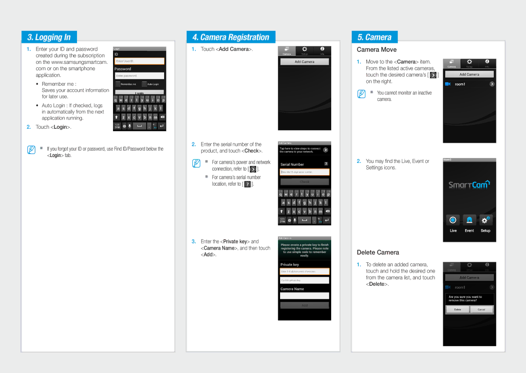 Samsung SNH-1011N, smart cam user manual Logging, Camera Registration, Camera Move, Delete Camera 