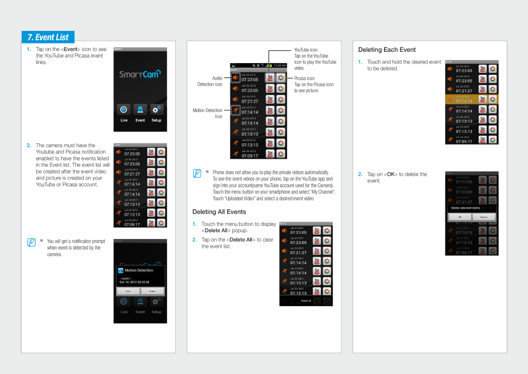 Samsung SNH-1011N, smart cam user manual Event List, Deleting All Events, Deleting Each Event 