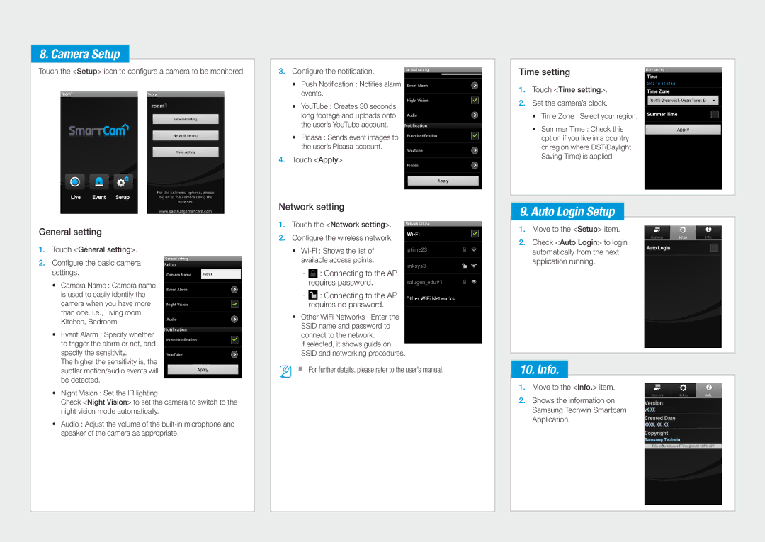 Samsung smart cam, SNH-1011N user manual Camera Setup, Auto Login Setup, Info 